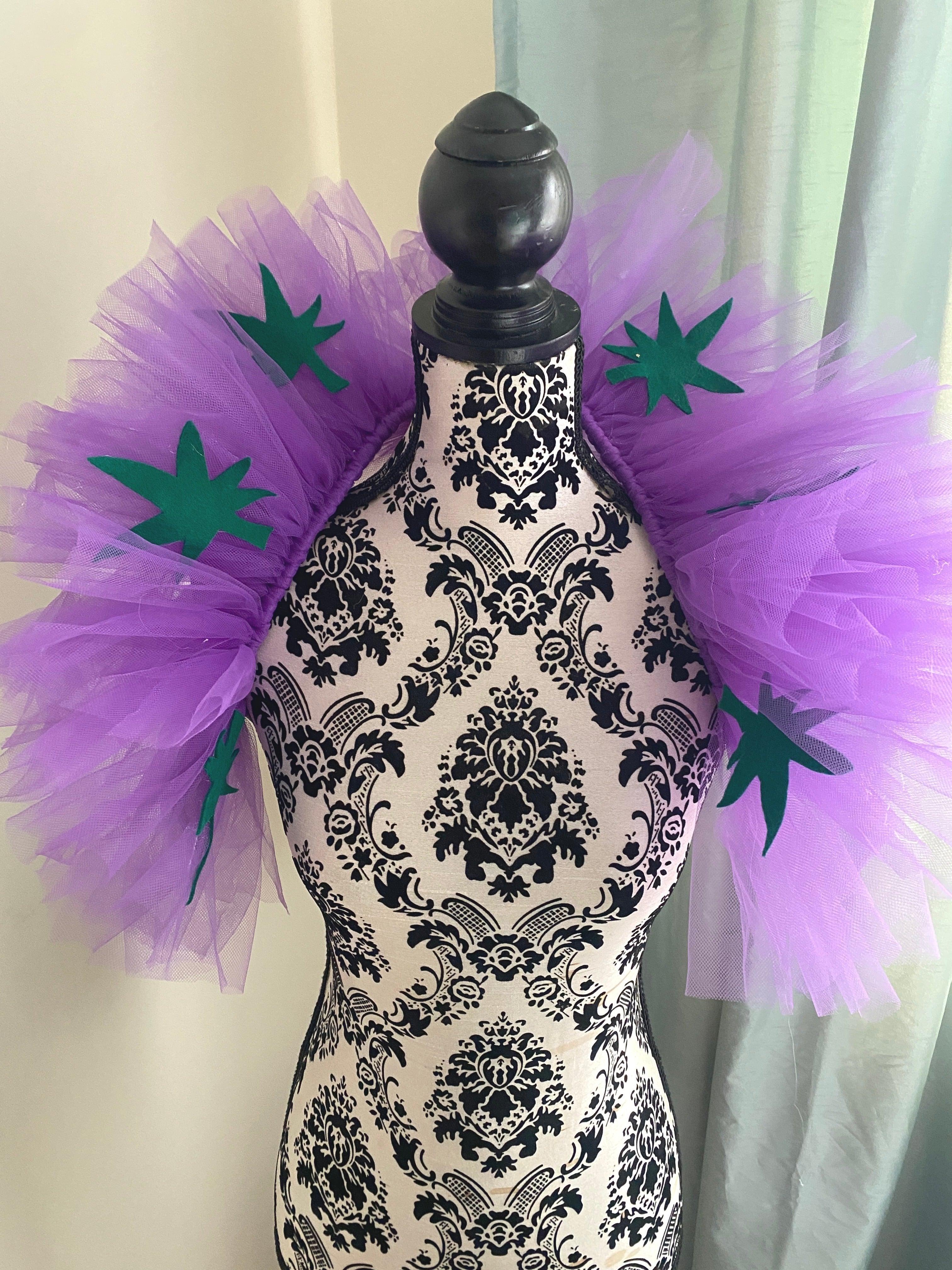 Purple Tulle Collar Boa with Green Leaves | Festival Outfit | Rave Accessory | Statement Neck Piece | Costume Collar