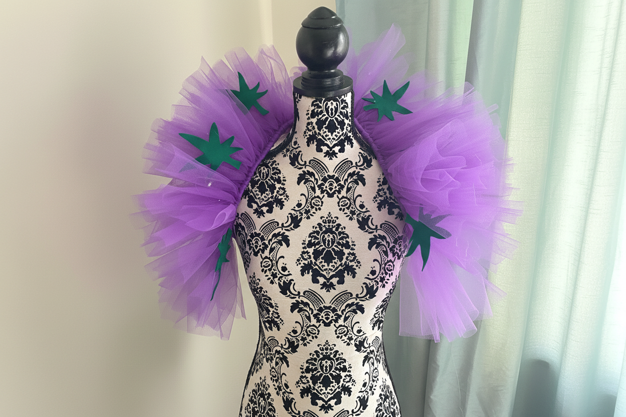 Purple Tulle Collar Boa with Green Leaves | Festival Outfit | Rave Accessory | Statement Neck Piece | Costume Collar
