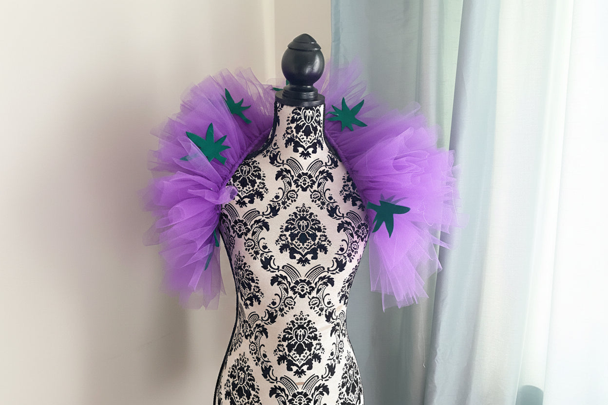 Purple Tulle Collar Boa with Green Leaves | Festival Outfit | Rave Accessory | Statement Neck Piece | Costume Collar
