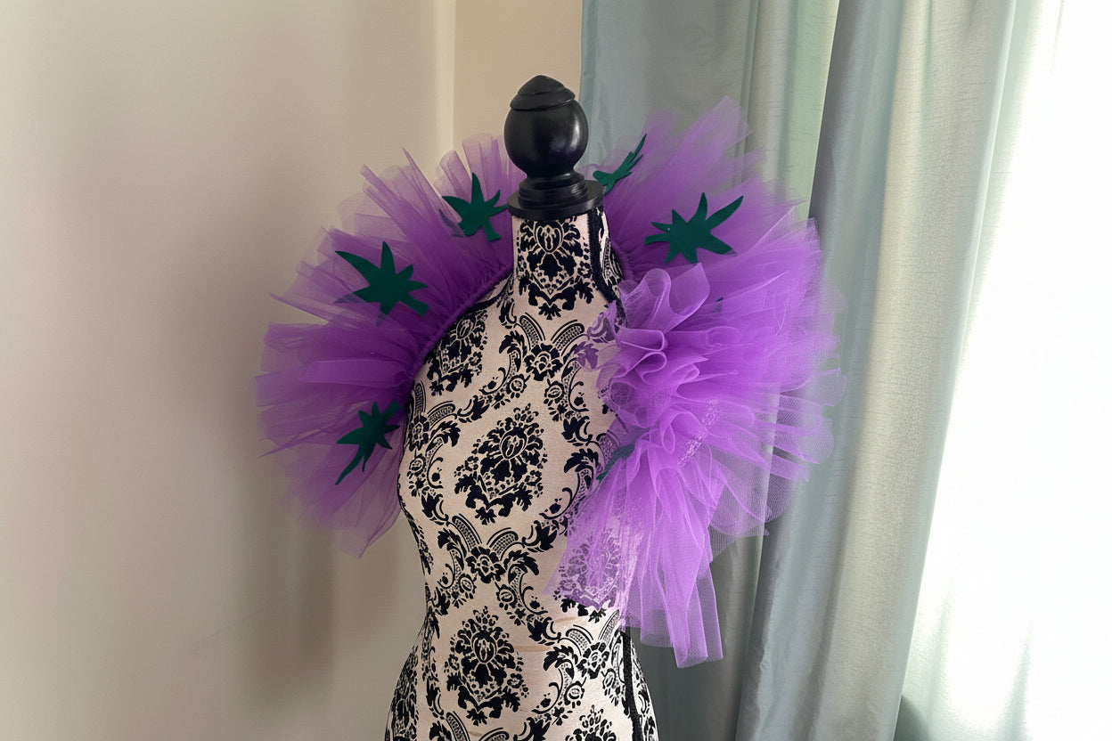 Purple Tulle Collar Boa with Green Leaves | Festival Outfit | Rave Accessory | Statement Neck Piece | Costume Collar