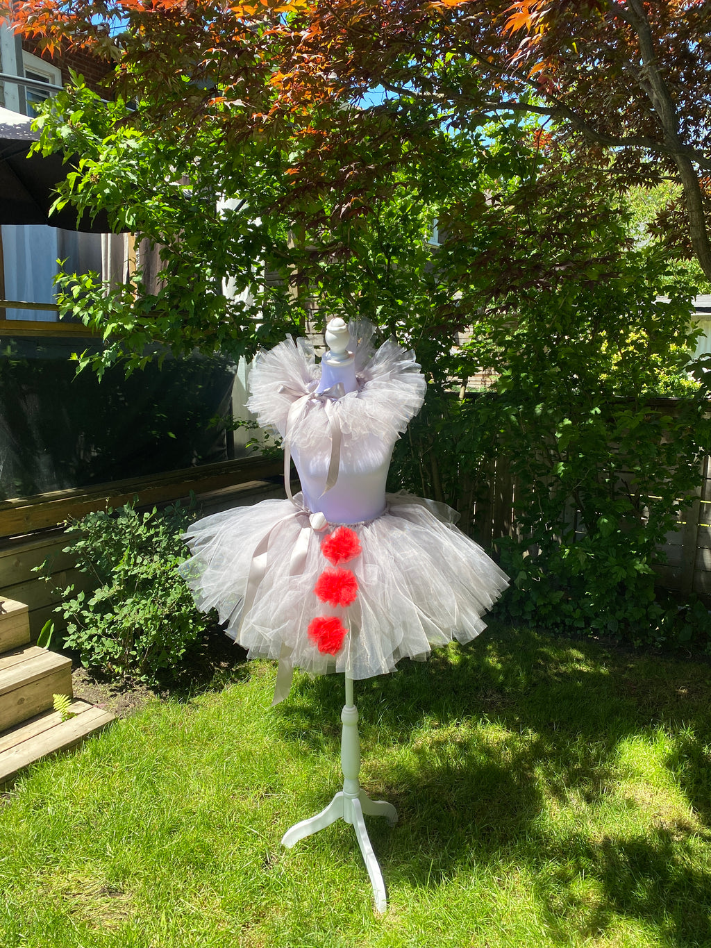 Grey Clown Tutu Skirt with Red Pom Poms & Collar - Adult Pennywise Costume