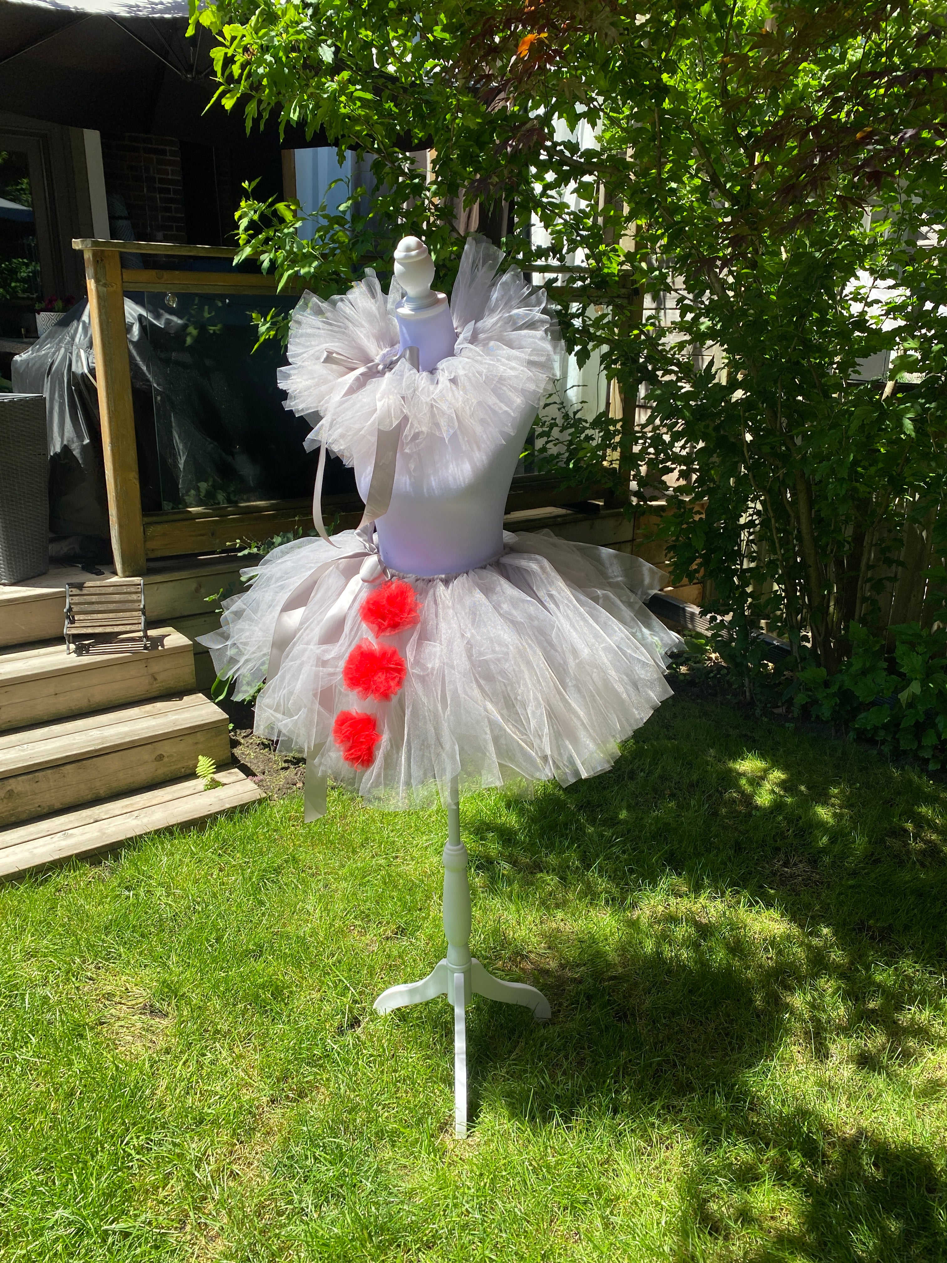 Grey Clown Tutu Skirt with Red Pom Poms & Collar - Adult Pennywise Costume