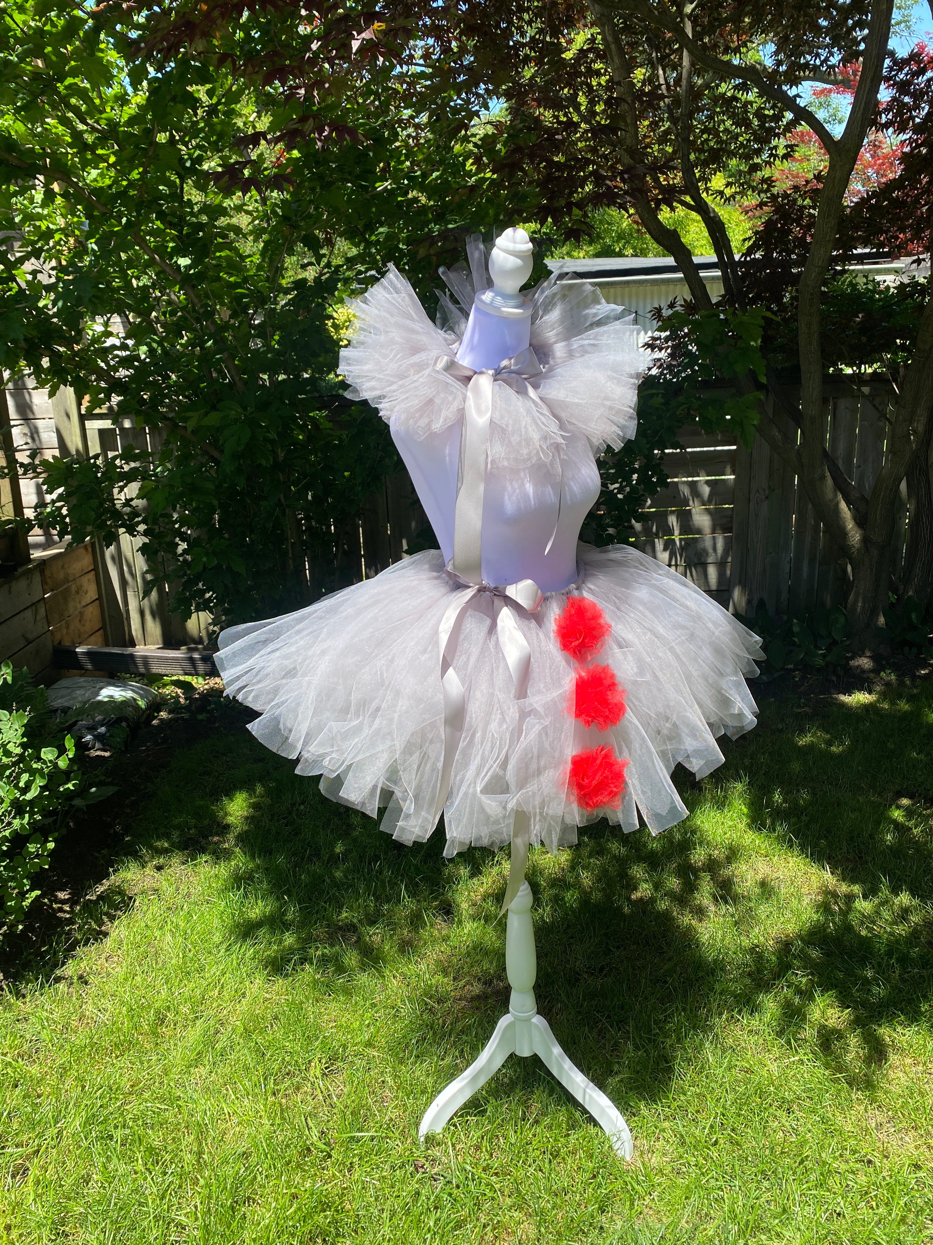 Grey Clown Tutu Skirt with Red Pom Poms & Collar - Adult Pennywise Costume