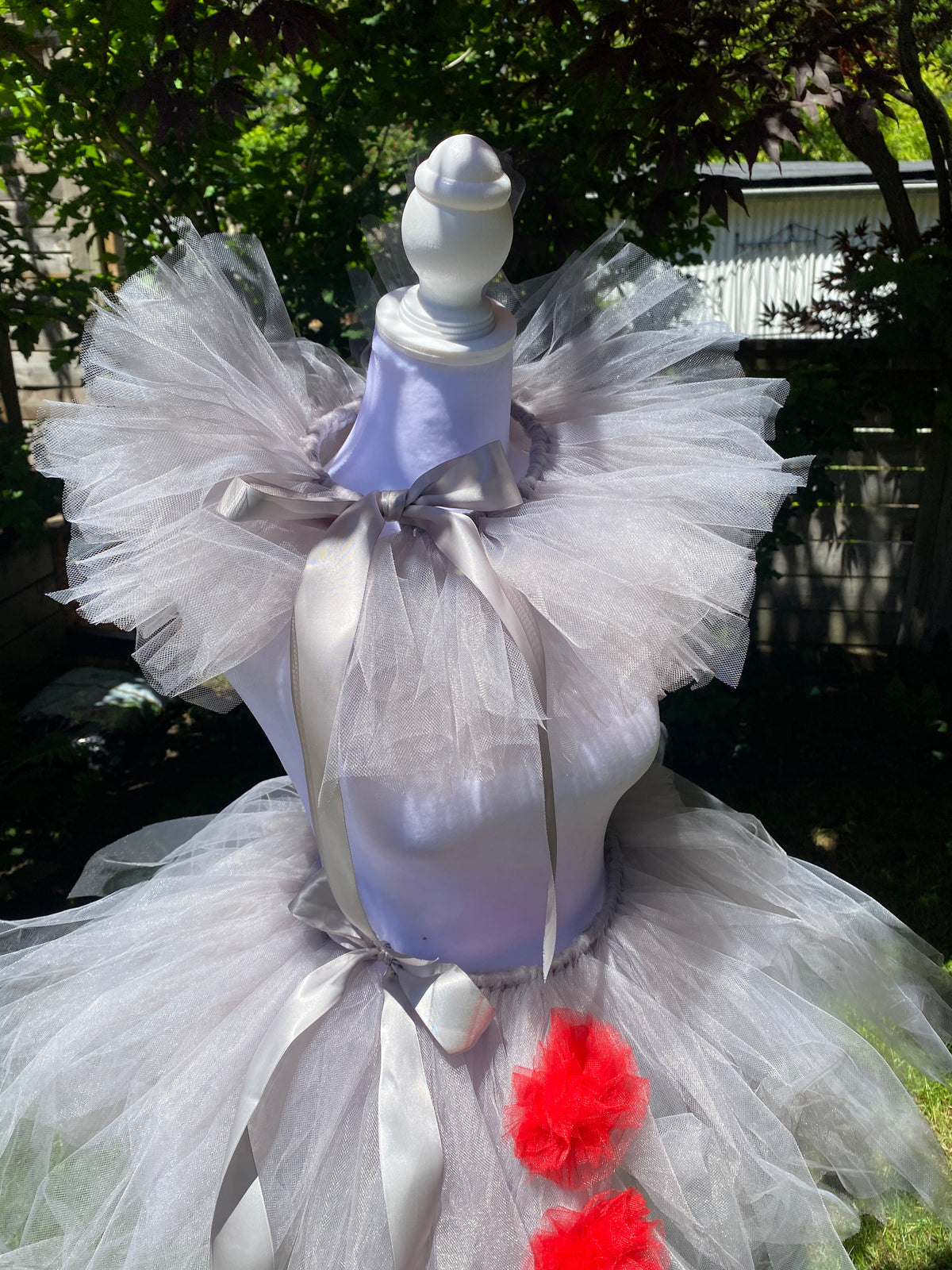 Grey Clown Tutu Skirt with Red Pom Poms & Collar - Adult Pennywise Costume