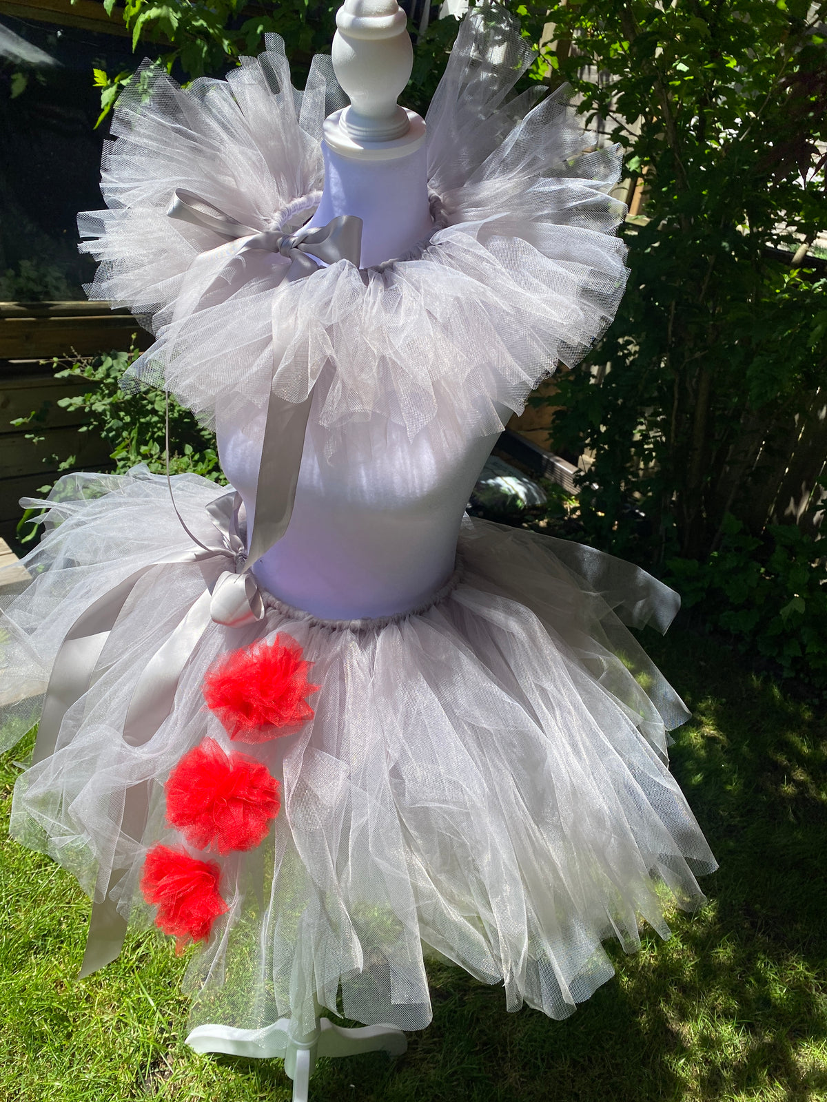 Grey Clown Tutu Skirt with Red Pom Poms & Collar - Adult Pennywise Costume