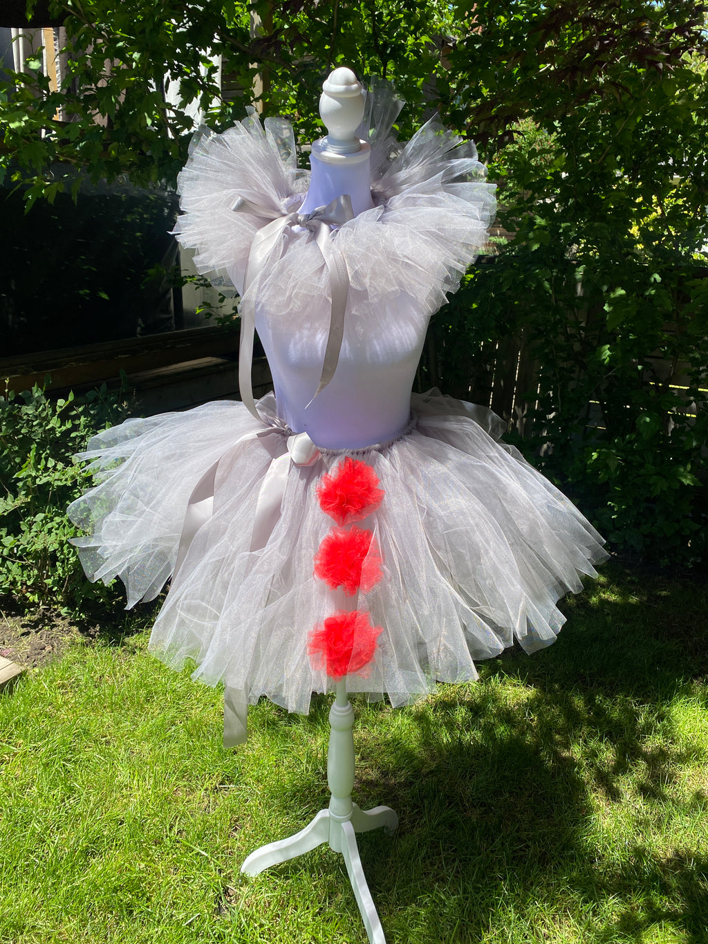 Grey Clown Tutu Skirt with Red Pom Poms & Collar - Adult Pennywise Costume