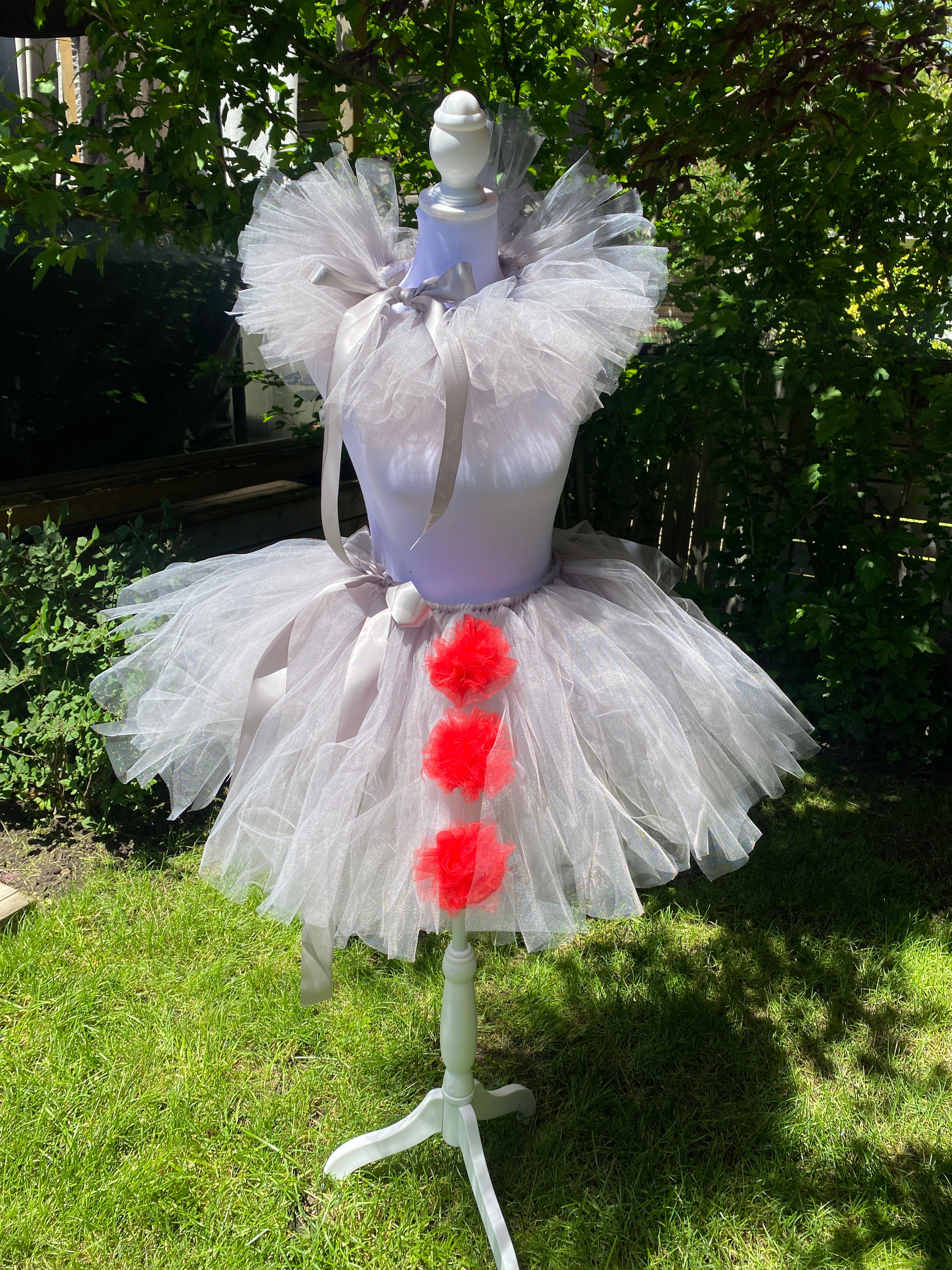 Grey Clown Tutu Skirt with Red Pom Poms & Collar - Adult Pennywise Costume