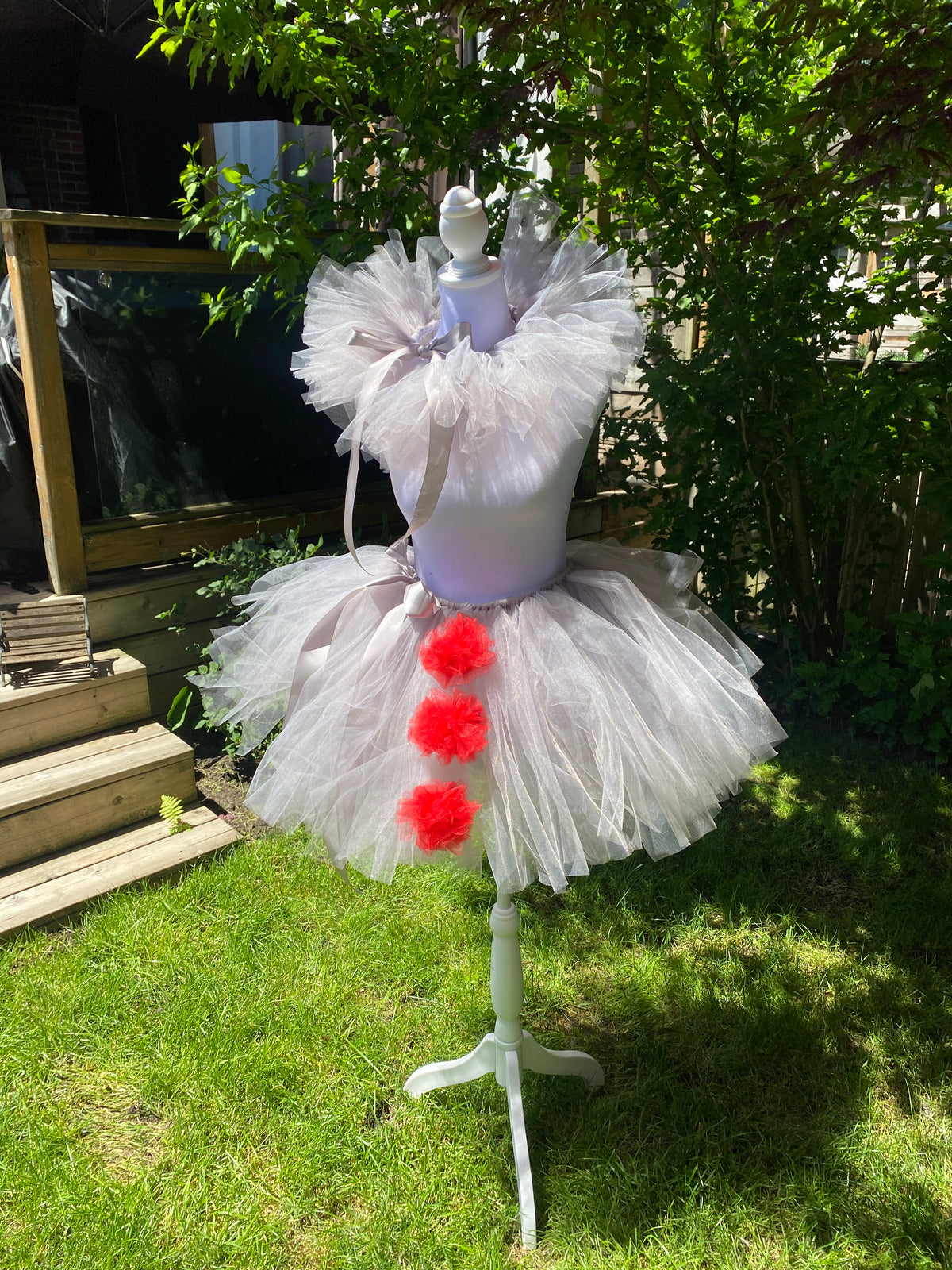 Grey Clown Tutu Skirt with Red Pom Poms & Collar - Adult Pennywise Costume