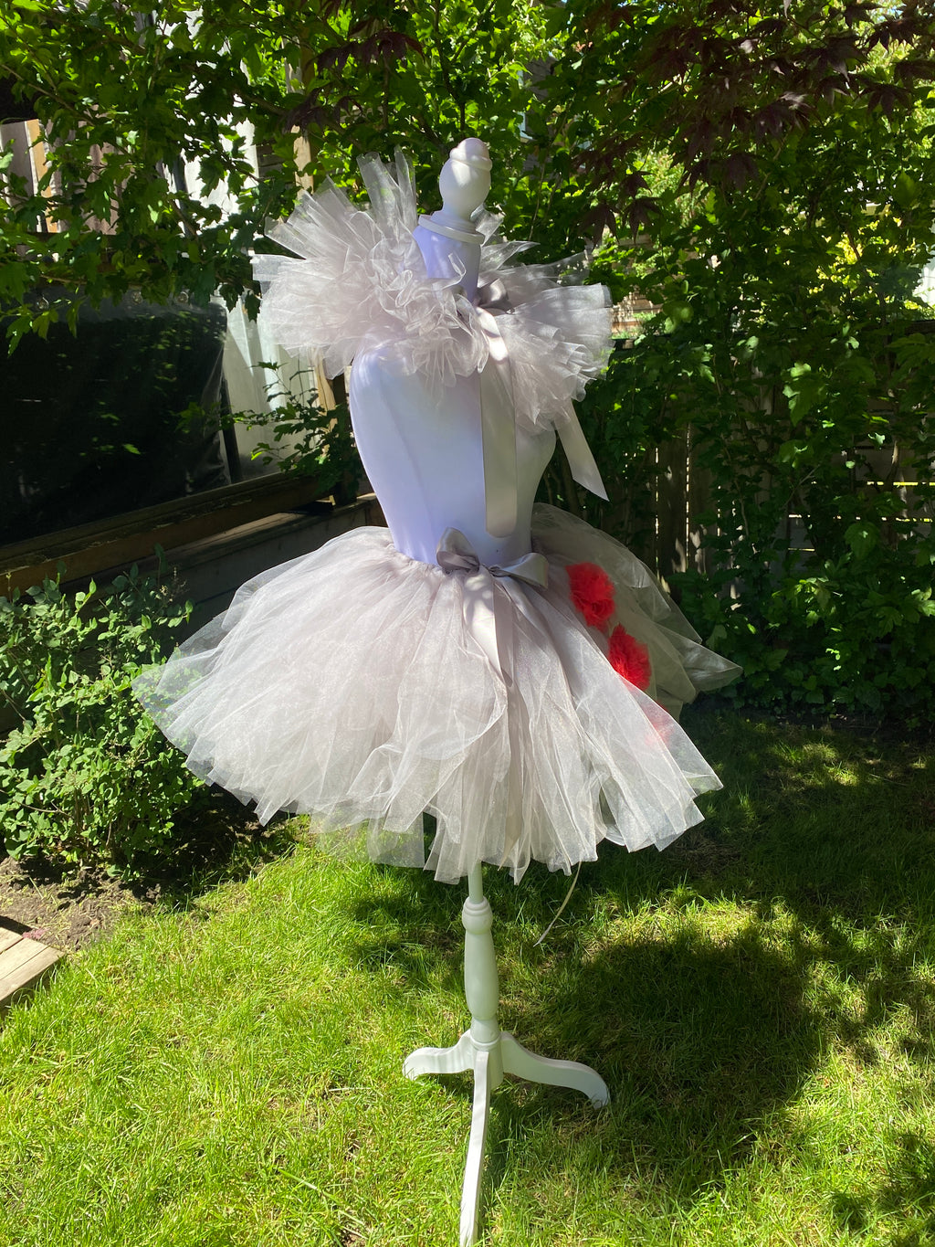 Grey Clown Tutu Skirt with Red Pom Poms & Collar - Adult Pennywise Costume