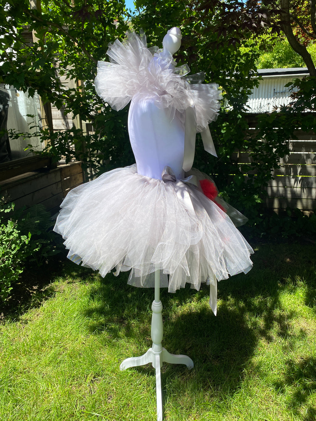 Grey Clown Tutu Skirt with Red Pom Poms & Collar - Adult Pennywise Costume