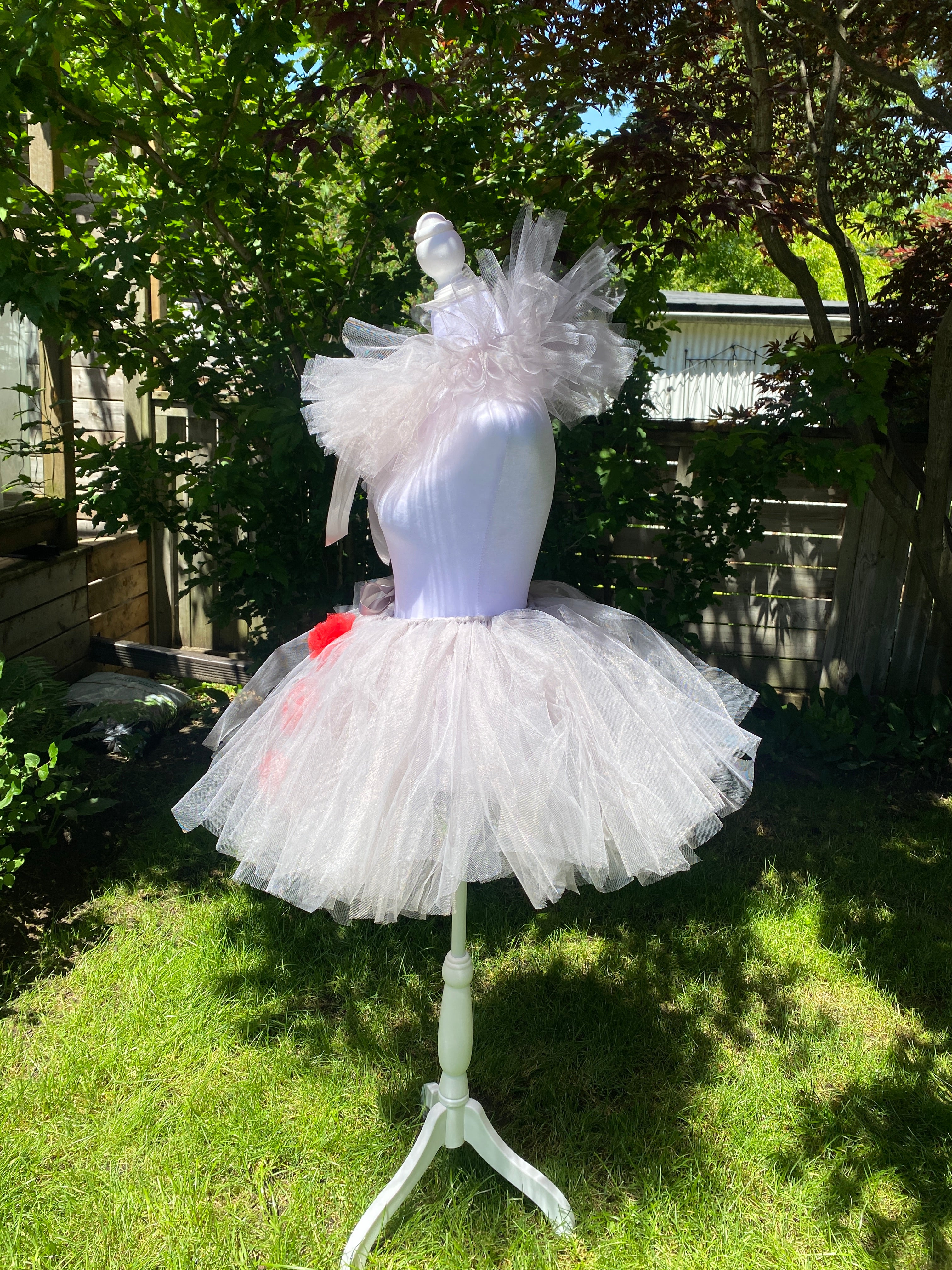 Grey Clown Tutu Skirt with Red Pom Poms & Collar - Adult Pennywise Costume