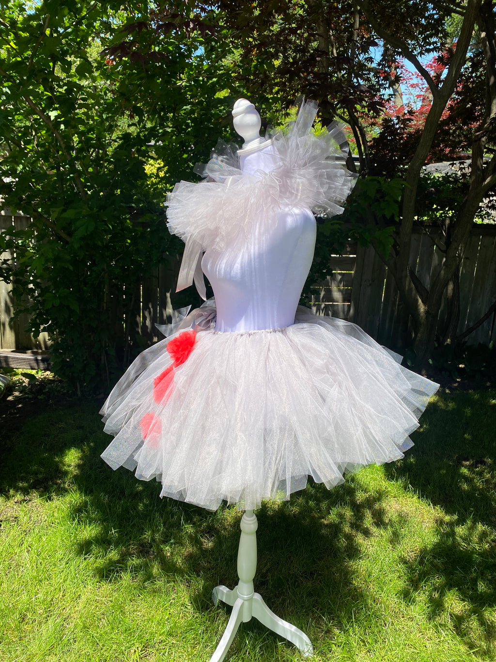 Grey Clown Tutu Skirt with Red Pom Poms & Collar - Adult Pennywise Costume