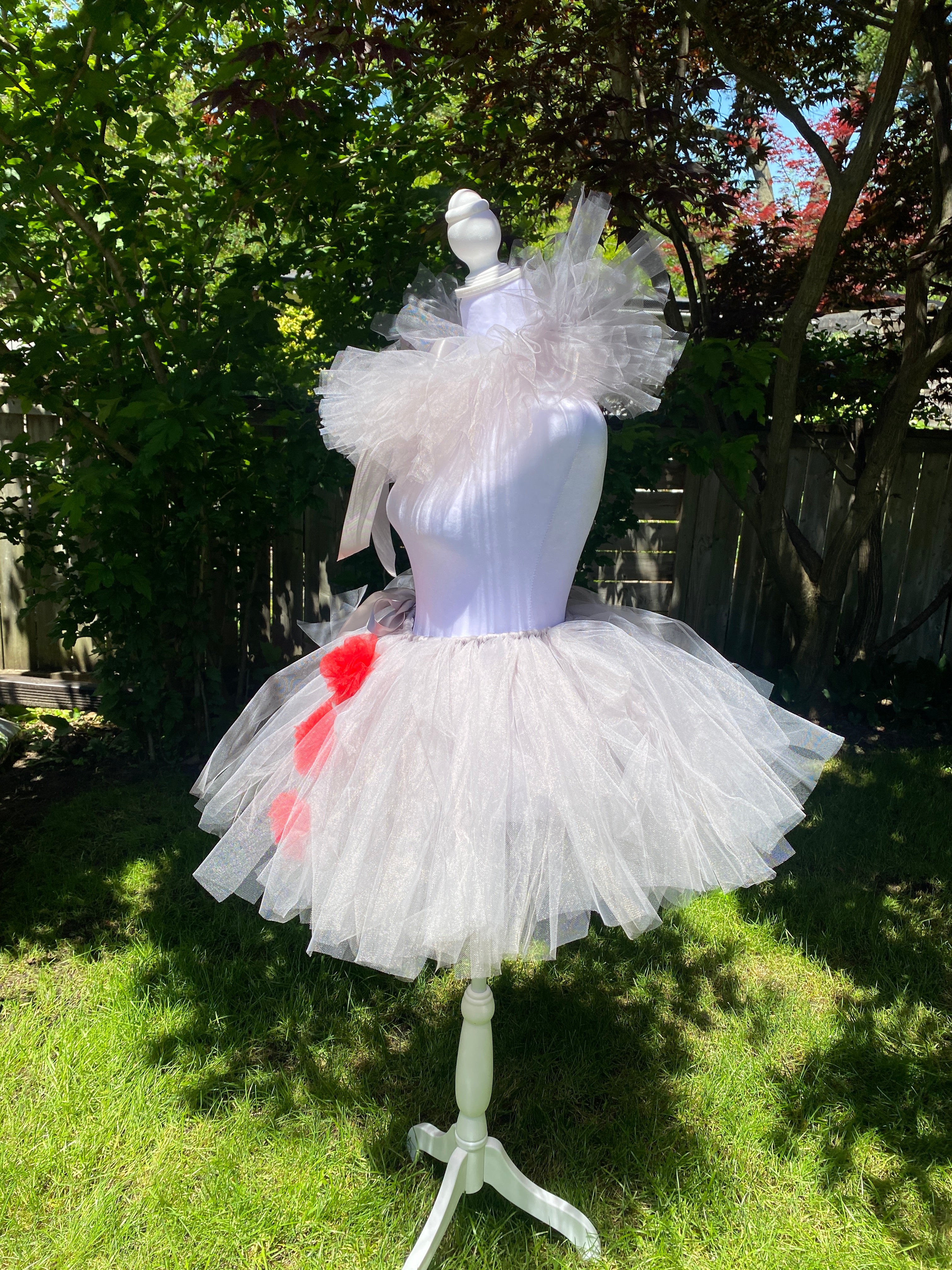 Grey Clown Tutu Skirt with Red Pom Poms & Collar - Adult Pennywise Costume