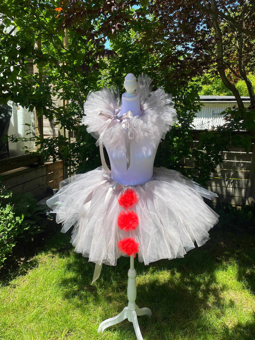 Grey Clown Tutu Skirt with Red Pom Poms & Collar - Adult Pennywise Costume