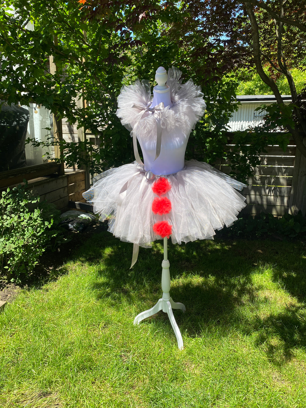 Grey Clown Tutu Skirt with Red Pom Poms & Collar - Adult Pennywise Costume