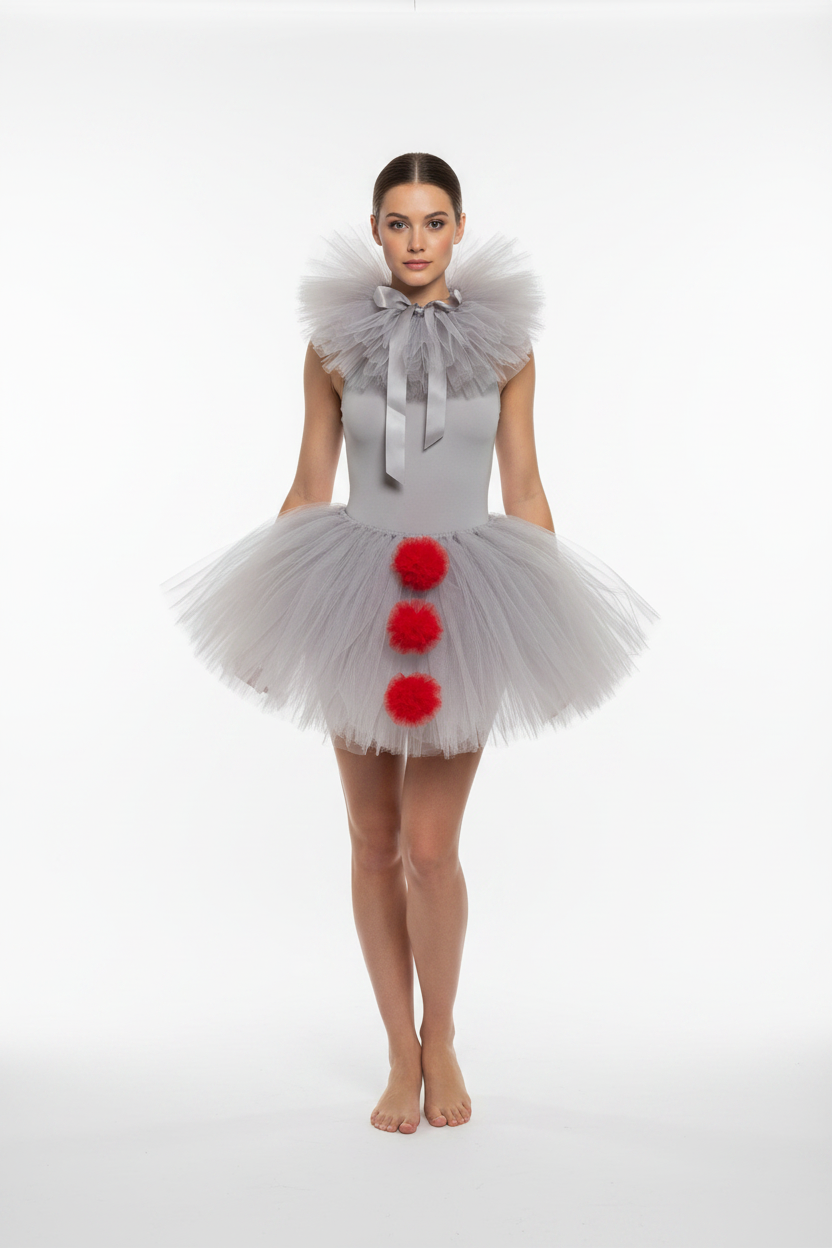 Grey Clown Tutu on Model - Grey Collar, 3 Pom Poms on Skirt