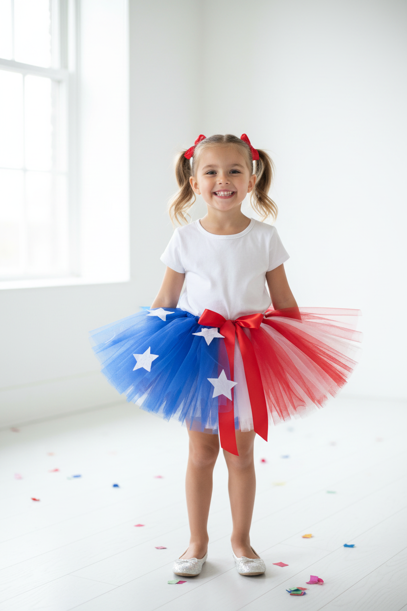 Child wearing red, white and blue USA flag tutu skirt