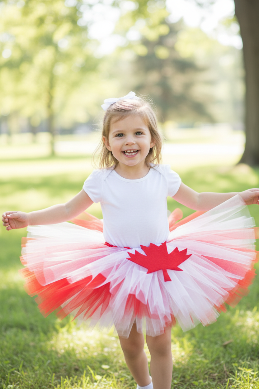 Little Girl in Canadian Flag Tutu with Maple Leaf