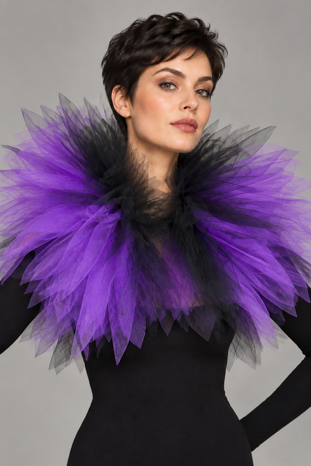 Wider black-and-purple tulle piece worn by a model