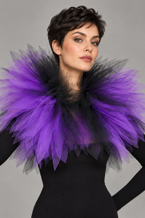 Wider black-and-purple tulle piece worn by a model